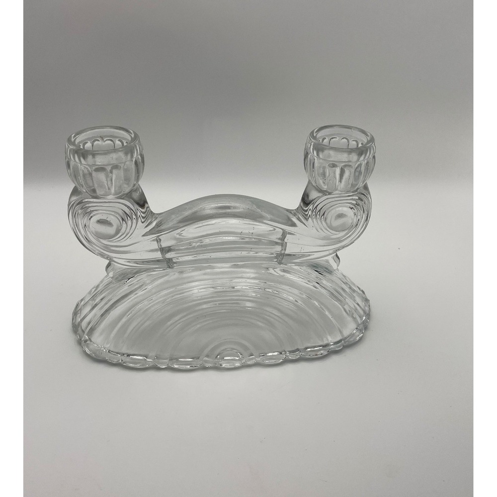 Vintage McKee Shell & Scroll Pressed Glass Double Taper Candle Holder Art Deco